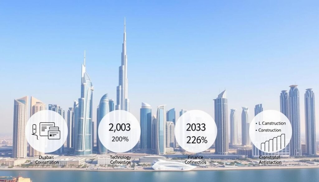 Dubai skyline with infographic showing key UAE economic sectors with jobs available in UAE