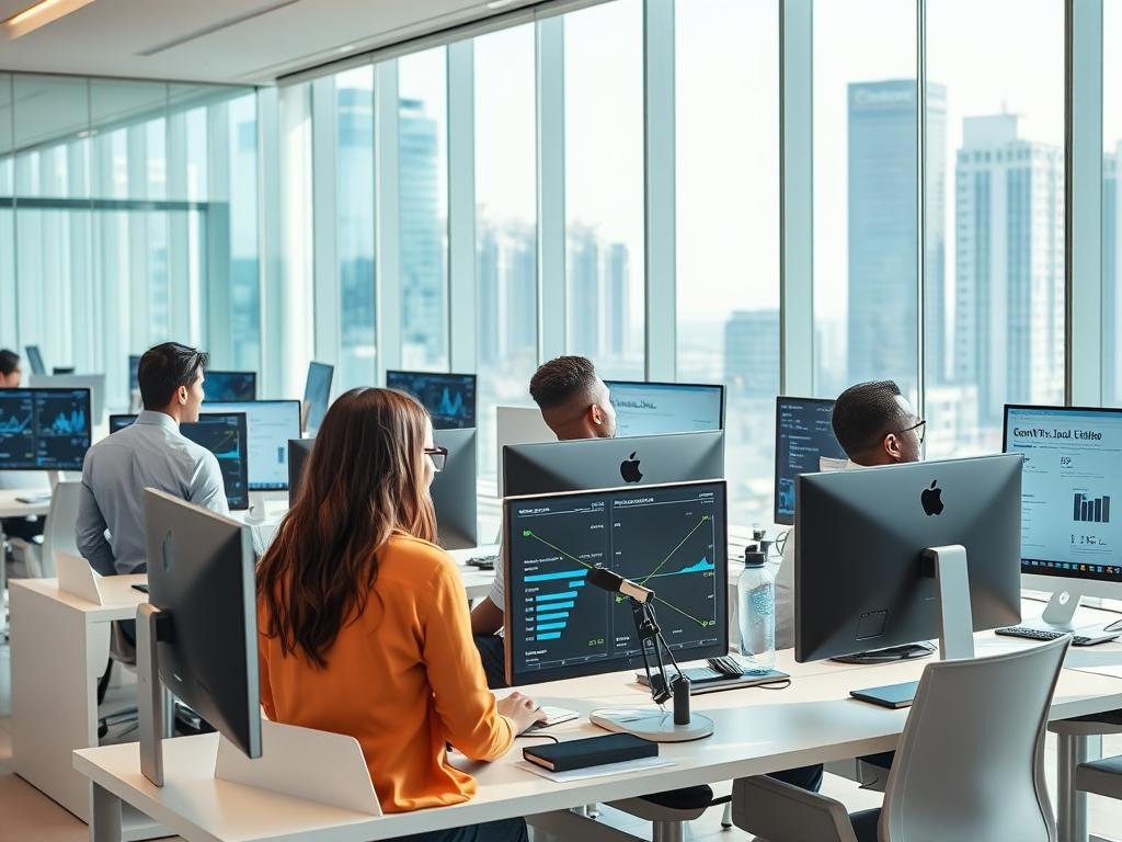 Professional in tech industry working in modern UAE office environment with jobs available in UAE displayed on screens