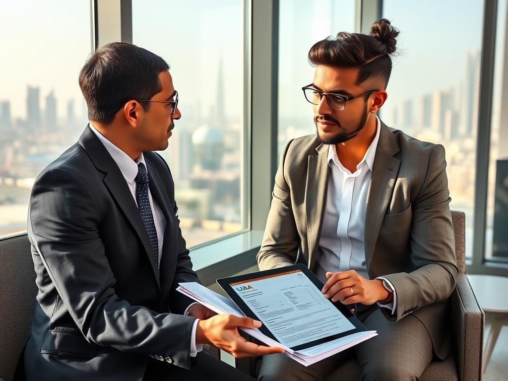 Professional meeting with legal advisor about UAE work visa requirements for jobs available in UAE