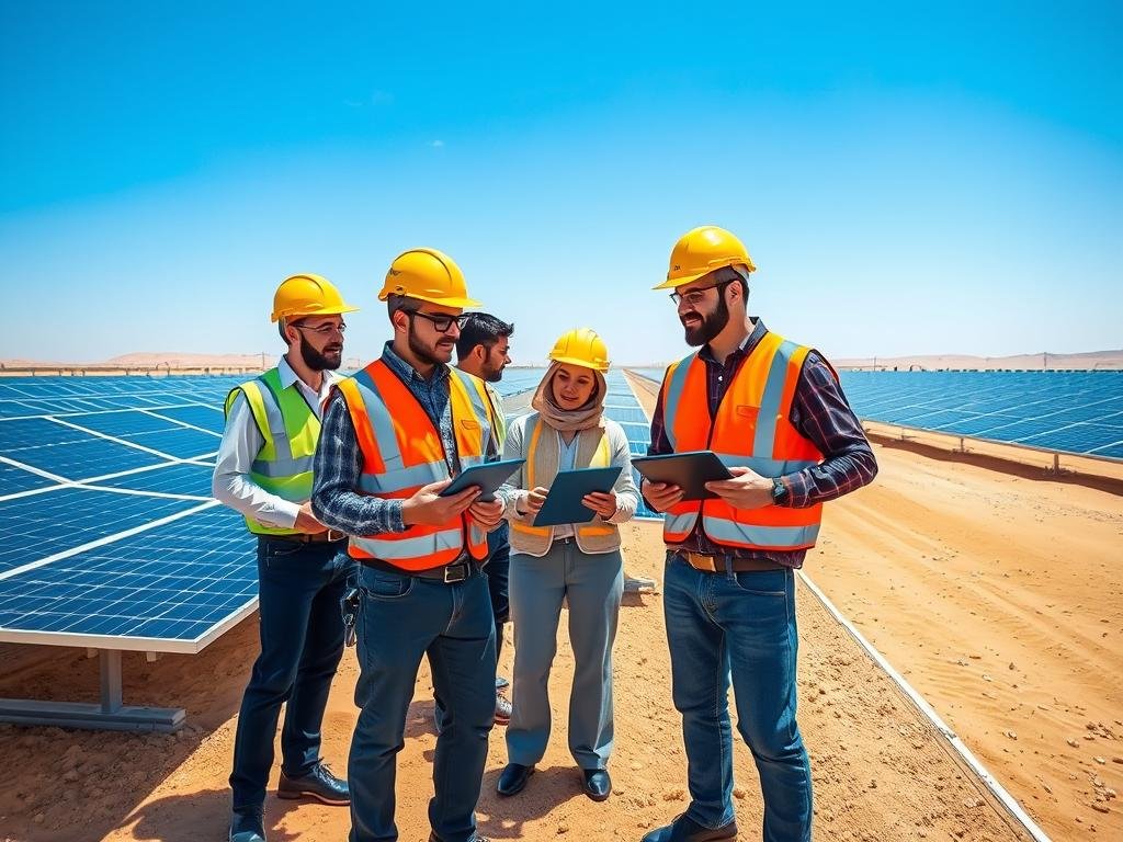 Renewable energy professionals at a solar installation in UAE with jobs available in UAE sustainable sector