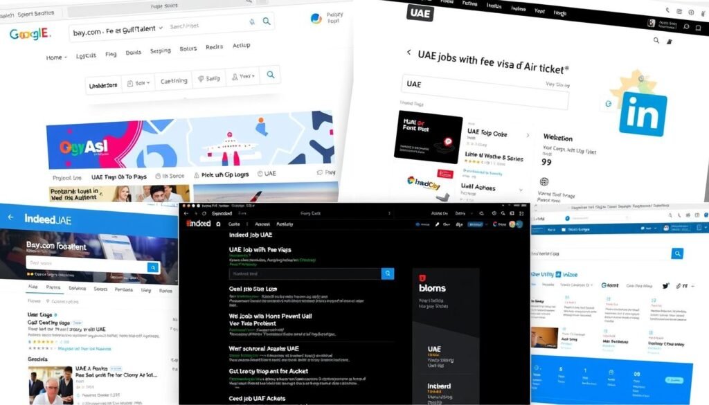 Screenshot of UAE job portals showing free visa and air ticket positions