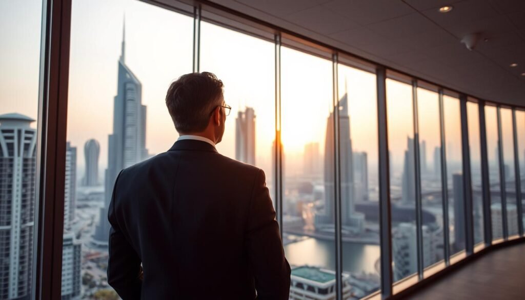 Successful professional looking at Dubai skyline representing career opportunities with jobs available in UAE