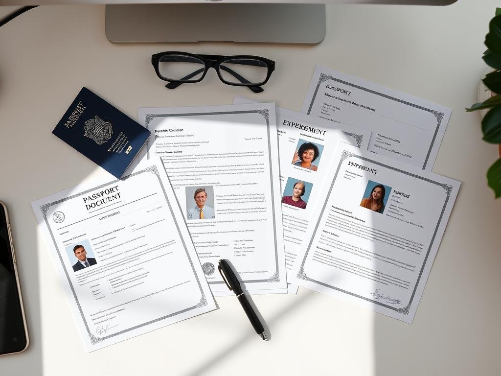 Essential documents including passport, certificates and photos needed to apply for a job in UAE with passport