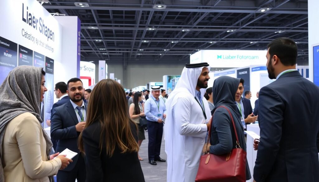 Professionals networking at a UAE job fair for those who apply for a job in UAE with passport