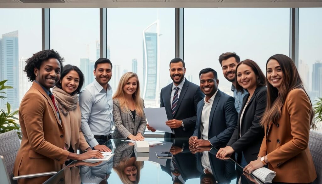 Successful professional working in modern UAE office after completing the process to apply for a job in UAE with passport