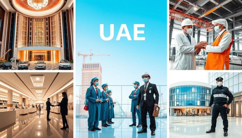 Collage of top UAE industries offering jobs with free visa and air ticket
