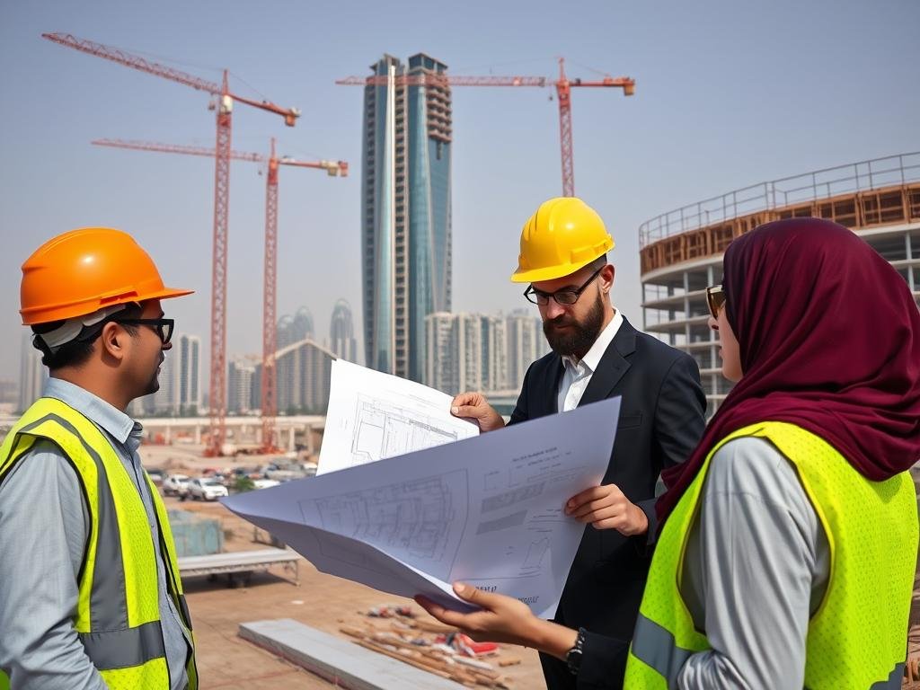 Construction and real estate professionals at a building site in UAE with jobs available in UAE construction sector