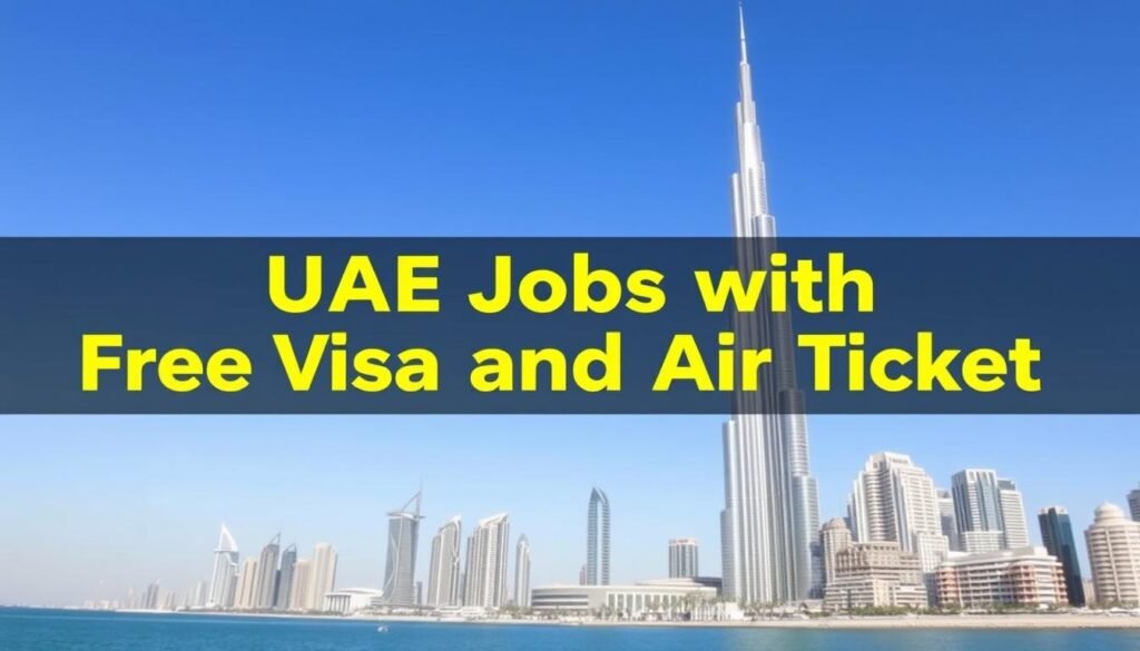 Dubai skyline with text overlay about UAE jobs with free visa and air ticket