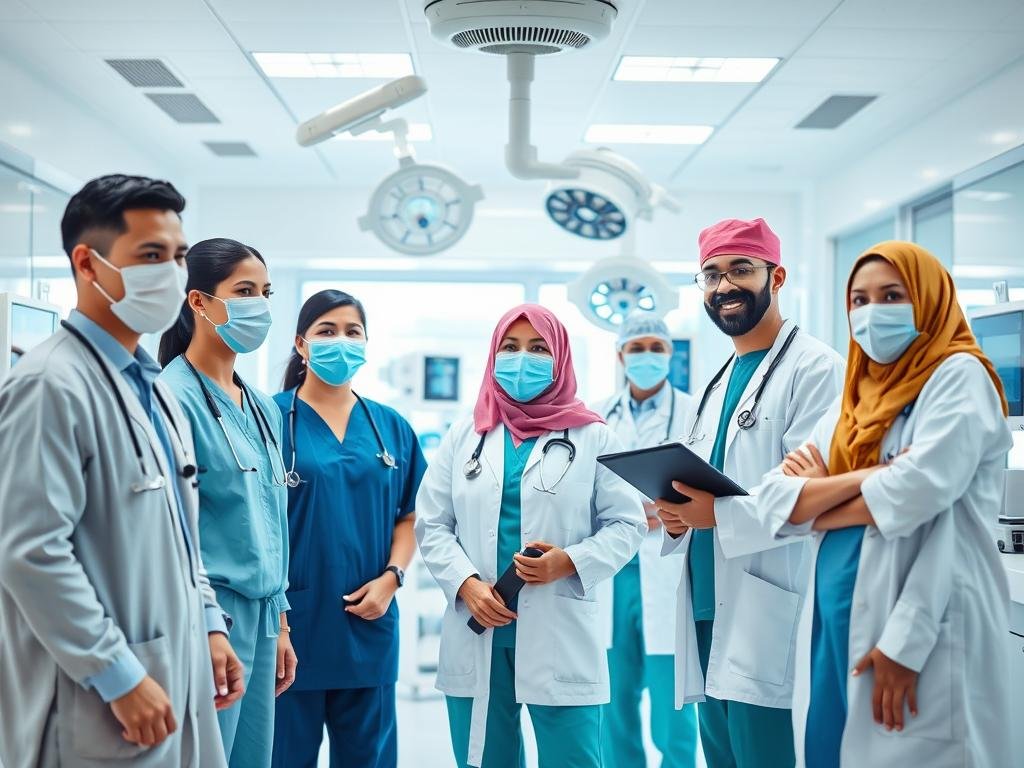 Healthcare professionals in a modern UAE hospital with jobs available in UAE medical sector