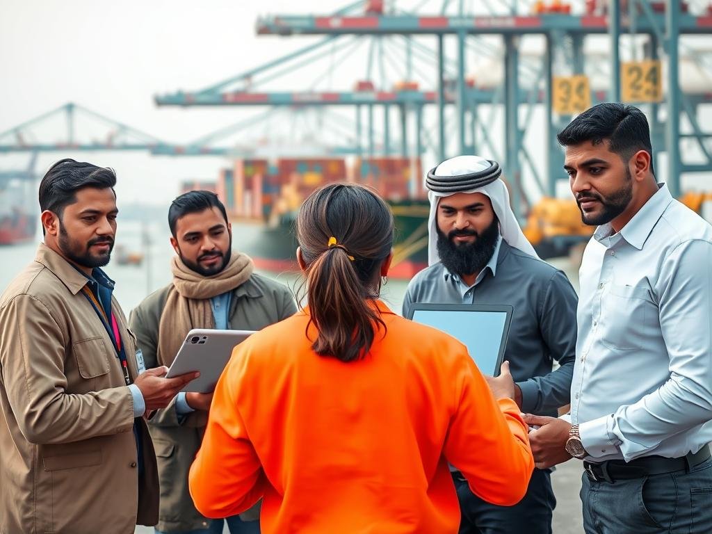 Logistics professionals at a UAE port facility with shipping containers and jobs available in UAE supply chain sector