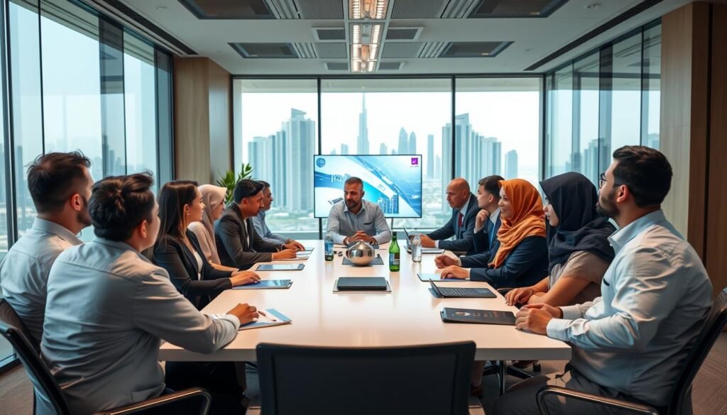 Multicultural business meeting in UAE office showing cross-cultural communication for jobs available in UAE