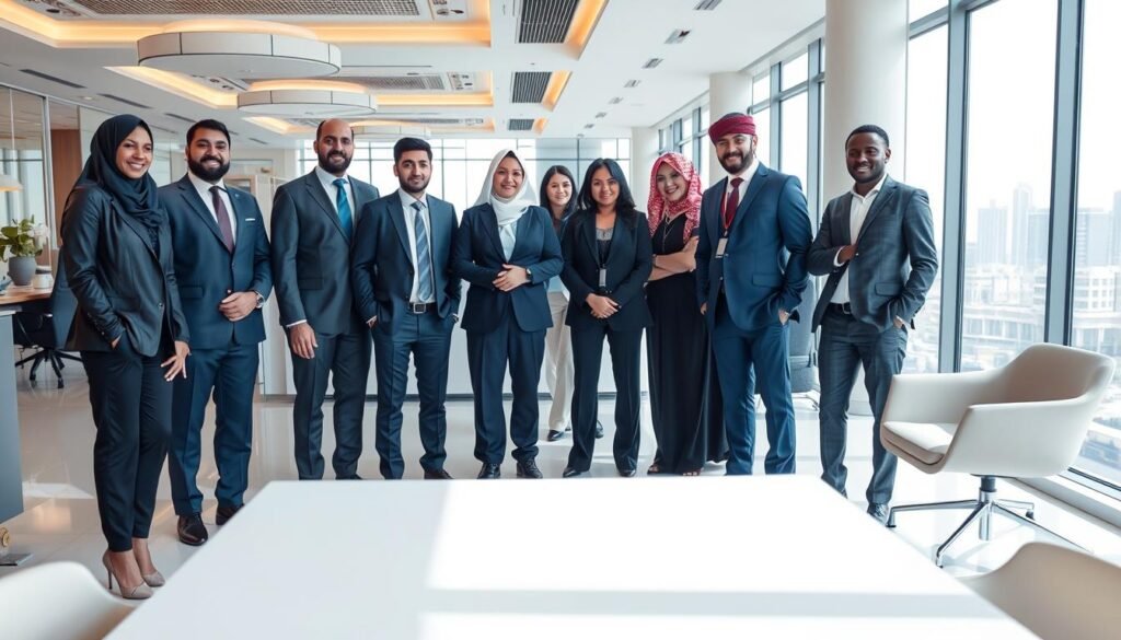 Multicultural business team in UAE office environment showing workplace culture for jobs available in UAE