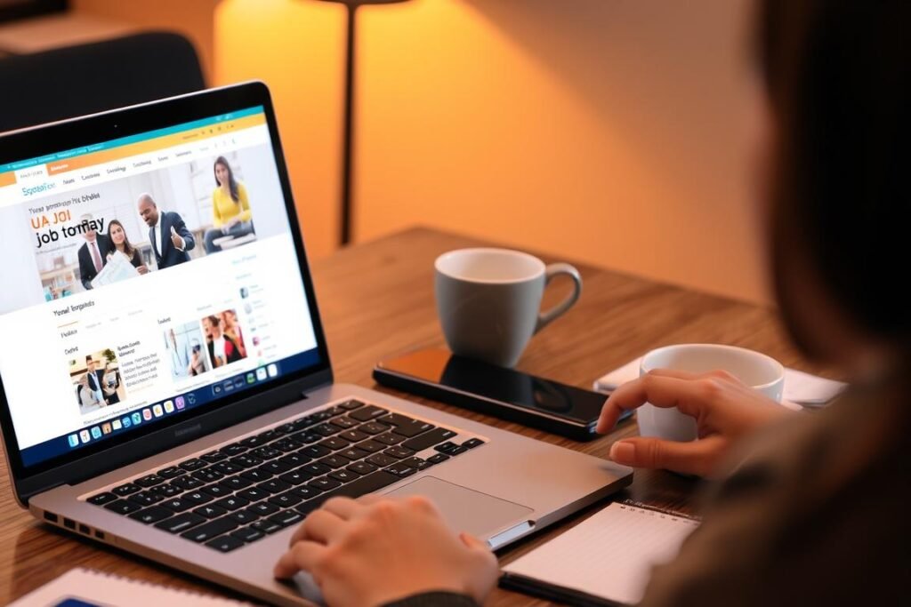 Person researching UAE job opportunities online to apply for a job in UAE with passport