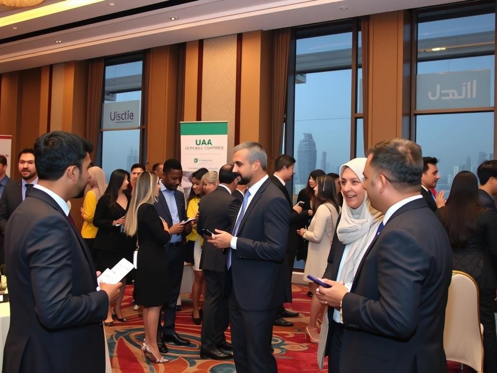 Professional networking event in Dubai with job seekers connecting with employers for jobs available in UAE