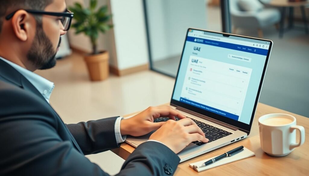 Professional using laptop to search for jobs available in UAE on job portals
